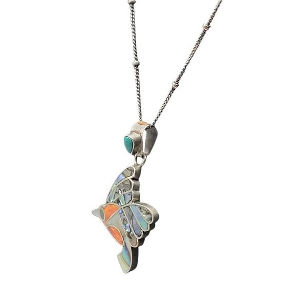 950 Fine Silver Channel Inlay Hummingbird Pendant Necklace 18" 925 Chain… - Picture 3 of 14